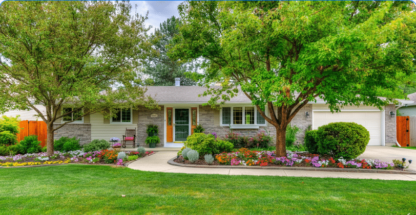 The image depicts a beautifully landscaped front yard of a ranch style house, featuring clean lines and vibrant flower beds that enhance the home's curb appeal. The design includes a welcoming front porch, well-placed trees, and shrubs, creating an inviting outdoor space that seamlessly connects with the overall style of the ranch home.