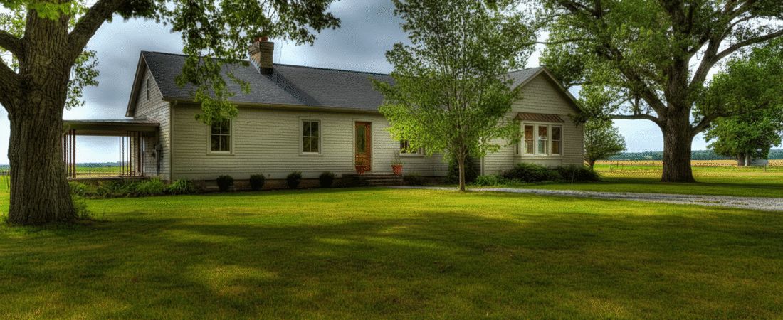 Photograph of a charming, traditional farmhouse nestled among lush green trees and a vibrant lawn under a dramatic sky, evoking a sense of peaceful rural living.