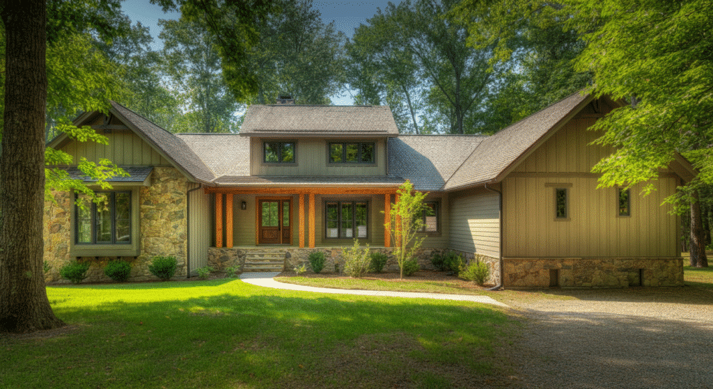 Ranch In Woods - Ranch Style Homes USA The image showcases a charming rustic ranch house, featuring a single-story design with stone accents and vertical siding. Inside, the open floor plan includes a spacious great room with a cozy fireplace, three to five bedrooms, and a formal dining room, perfect for family gatherings.