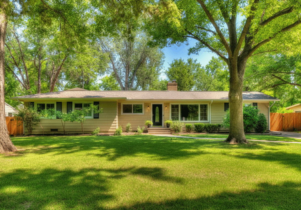 Ranch Style - Ranch Style Homes USA The image depicts a classic ranch style home, showcasing its distinct architectural style with a single-story layout, large windows, and a low-pitched roof. The house features an open floor plan that seamlessly connects to outdoor spaces, emphasizing its simplicity and practicality for families and homeowners seeking easy access and a grounded living experience.