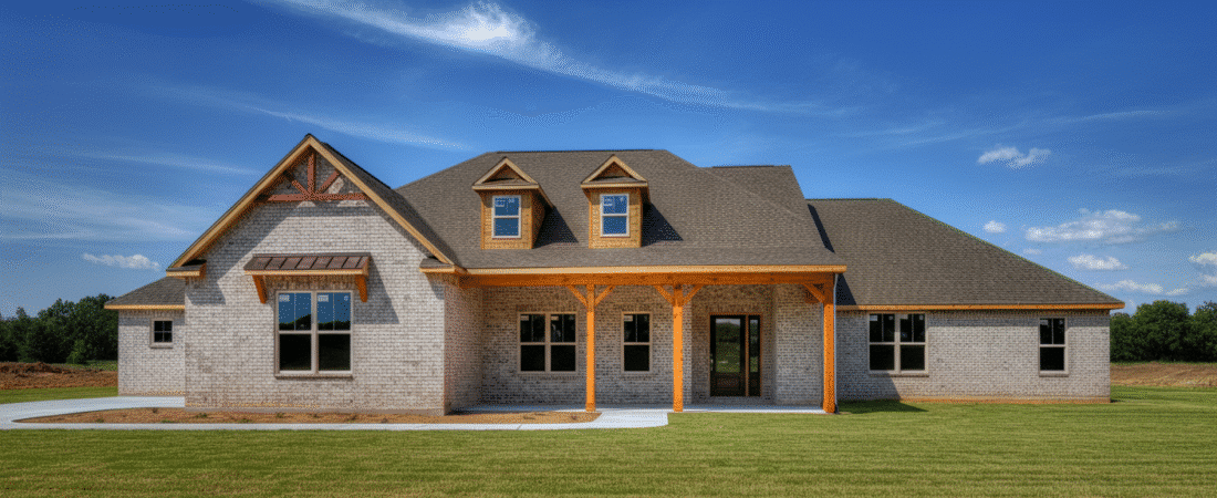 Photograph of a newly built, modern farmhouse style home with light brick, natural wood accents, and a fresh green lawn under a clear blue sky, conveying new beginnings.