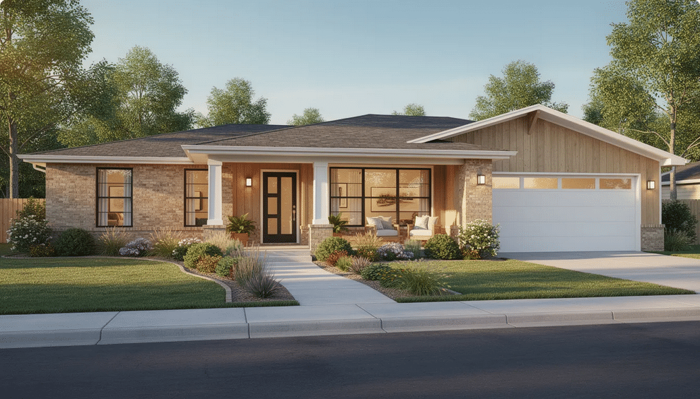 The image showcases a beautiful ranch style home featuring a single story layout with large picture windows that allow abundant natural light to fill the interior. The exterior boasts a welcoming porch and a well-maintained garden, enhancing the home's timeless appeal and curb appeal, making it a perfect blend of style and functionality.