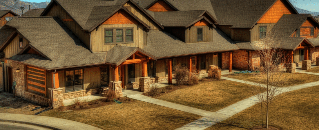 Photograph of modern rustic townhouses with stone and wood accents, set against a backdrop of mountains and a clear blue sky, evoking a sense of community and natural living.