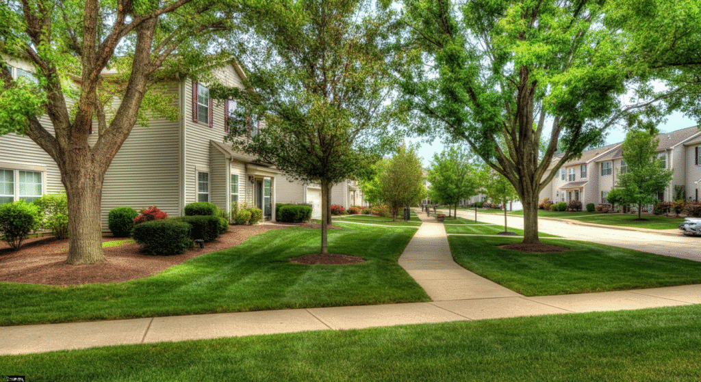 Photograph of a serene, well-maintained suburban street featuring lush green lawns, mature trees, and modern townhouses under a bright sky, evoking a sense of peaceful community living.
