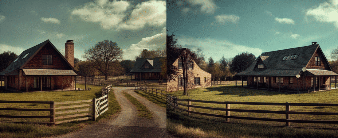 Photograph showcasing two distinct or altered views of charming country houses with rustic fences and lush green lawns under a cloudy sky, emphasizing rural living.