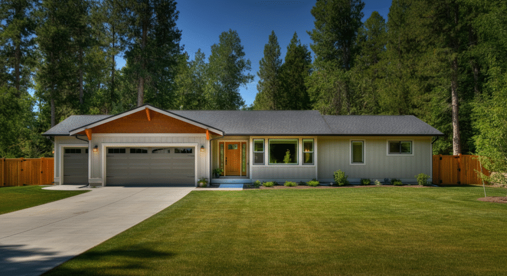 The image showcases a modern ranch style home featuring a single-story layout with a low profile, large picture windows, and an attached garage, seamlessly integrating with the surrounding landscape. The design emphasizes open floor plans and natural light, embodying the timeless appeal and simplicity of ranch homes.