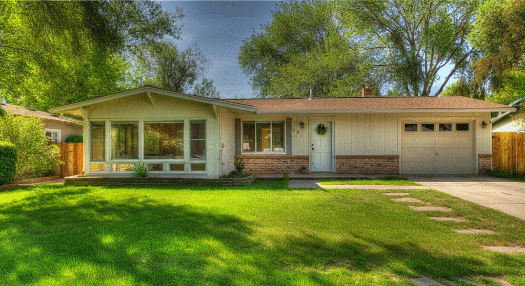 The image depicts a classic ranch style house, characterized by its single story and low-slung profile, featuring large windows and an open floor plan that enhances the spacious feel of the interior. This residential building often includes an attached garage and emphasizes outdoor living with sliding glass doors that connect to the yard, making it a practical choice for families.