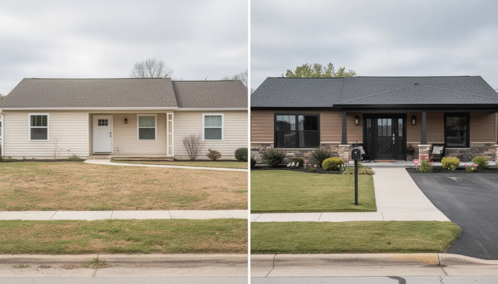 Renovated Ranch Wood - Ranch Style Homes USA The image showcases a beautifully renovated ranch home with a welcoming exterior, featuring a blend of architectural styles that enhance its classic one-story design. The inviting entrance includes a well-maintained front yard, perfect for family gatherings and creating a warm atmosphere for guests.