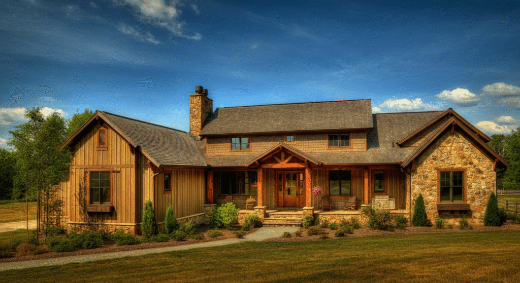 Rustic Ranch - Ranch Style Homes USA The image showcases a rustic ranch house featuring warm wood details, stone accents, and vertical siding, all set in a serene country landscape. With its open floor plan and large windows, the home seamlessly connects indoor and outdoor spaces, emphasizing a relaxed and inviting atmosphere.