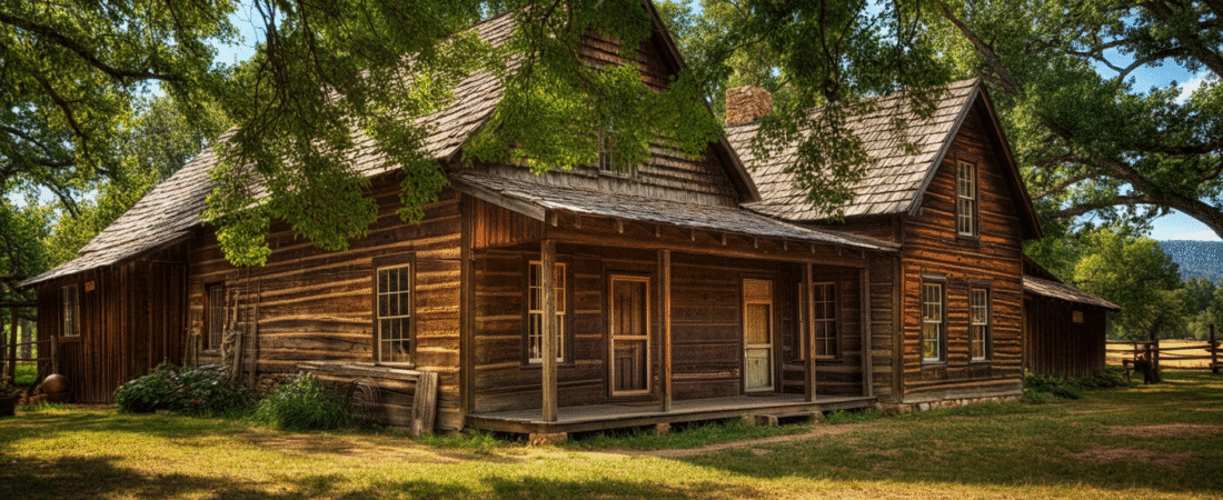 Rustic Ranch Style Homes - Ranch Style Homes USA Photograph of a charming, rustic log cabin nestled amidst lush green trees under a clear blue sky, evoking a sense of peaceful, historical rural living.