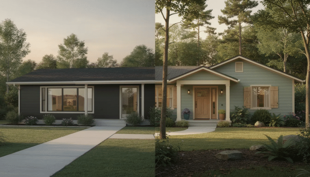 The image features a beautifully updated ranch style home, showcasing a fresh coat of paint in a warm olive green, complemented by white trim that enhances its traditional charm. Large windows framed in contrasting colors allow natural light to flood the interior, creating a sophisticated look that blends seamlessly with the surrounding landscape.