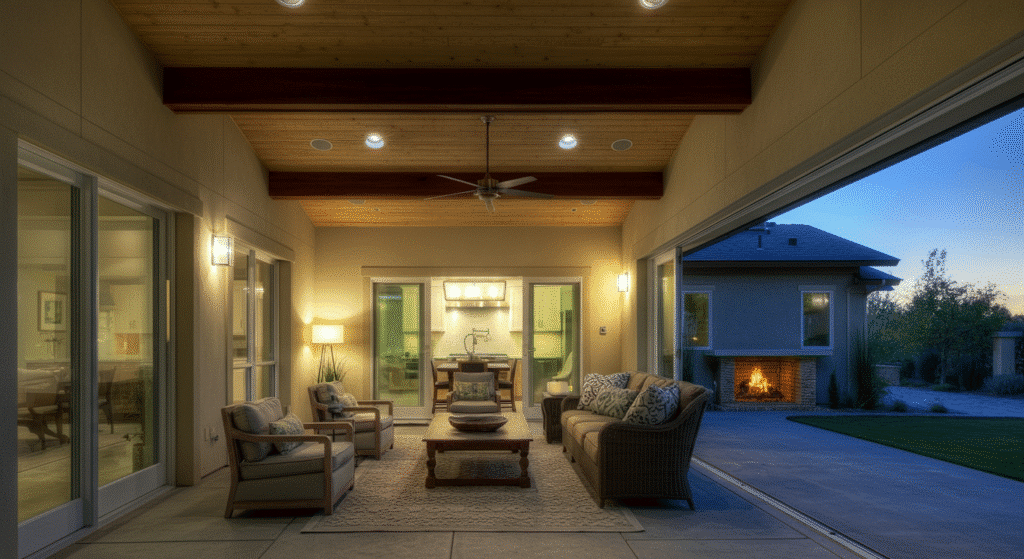 Photograph of a luxurious, well-appointed outdoor patio at twilight, featuring comfortable seating, warm lighting, and an inviting outdoor fireplace, emphasizing seamless indoor-outdoor living.