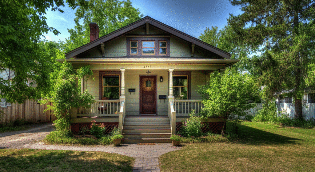 The image showcases a beautifully designed raised bungalow, highlighting its wide front porch and open layout that maximizes natural light and square footage. This charming home features architectural details like built-in cabinetry, perfect for families looking to create a cozy and functional living space.