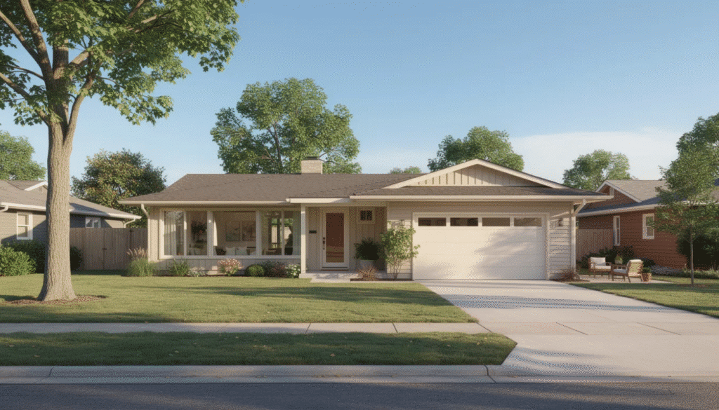The image showcases a modern ranch style house, characterized by its single-story design, low-slung profile, and large windows that invite an abundance of natural light. The home features an open floor plan, attached garage, and a welcoming outdoor patio, reflecting the simplicity and charm of classic ranch homes in American neighborhoods.