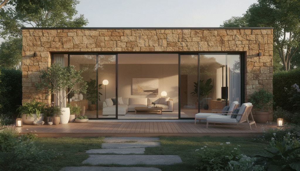 The image showcases a beautifully designed stone ranch home featuring a spacious great room with a vaulted ceiling and large windows that invite natural light. The layout includes a cozy fireplace and a rear patio that seamlessly connects the interior with the outdoor environment, creating a harmonious retreat for entertaining guests amidst nature.