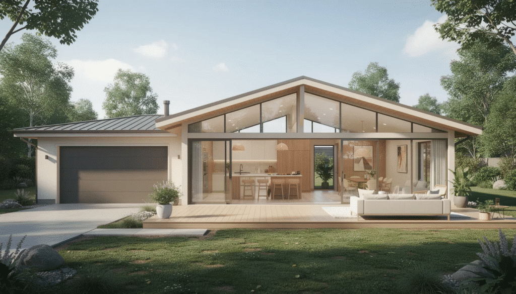 The image showcases a spacious ranch style home featuring an open floor plan that seamlessly connects the living room, dining area, and kitchen, all illuminated by large windows that invite in natural light. Sliding glass doors lead out to a welcoming porch, emphasizing the home's strong connection to outdoor spaces and its simple, single-story architectural style.