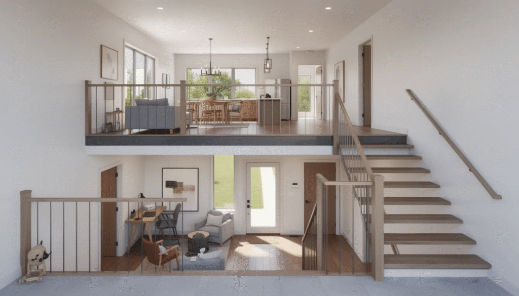 Split Level Room - Ranch Style Homes USA The image depicts a split level house layout, showcasing a front entrance that leads to a small landing with a half flight of stairs ascending to the main living area and another half flight descending to the lower level. This design effectively utilizes two floor levels, providing spacious living areas, private bedrooms on the upper level, and a versatile lower level suitable for a family room or home office, making it ideal for growing families.