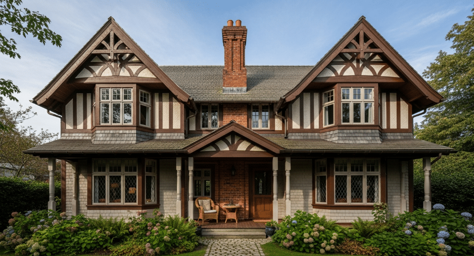 The image depicts a charming Stick Style house, showcasing its distinctive architectural features such as exposed rafters under the eaves, decorative trusses on the gables, and a cozy covered front porch. This late 19th-century American architecture, popular in places like San Francisco and the Pacific Northwest, emphasizes intricate woodwork and unique roof designs, reflecting the wealth and taste of its era.