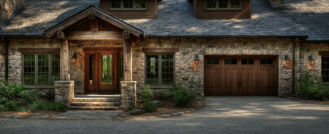 Photograph of a luxurious stone and wood craftsman-style home with a prominent entrance and garage, set amidst lush greenery, evoking warmth and rustic elegance.