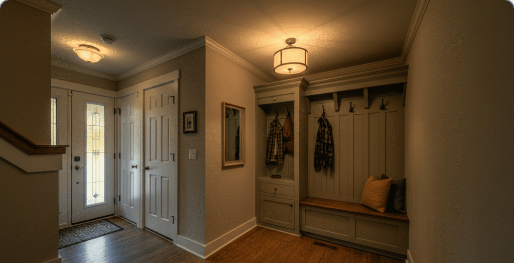 The image depicts a stylish foyer in a raised ranch home featuring a tall, narrow console table that serves as a practical drop zone for mail and keys, complemented by wall-mounted hooks for coats and bags. A built-in bench with storage underneath maximizes the small space, providing both seating and a place to store shoes, creating a cozy and functional entryway.