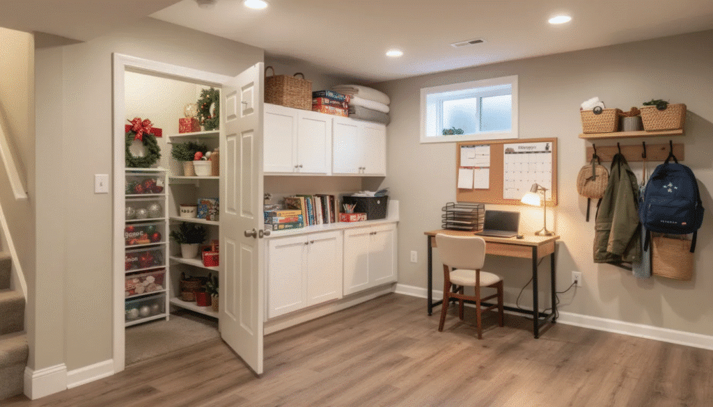 The image showcases a well-organized raised ranch basement designed for maximum storage efficiency. It features a mix of cabinets and open shelves, a dedicated storage room under the stairs for holiday decorations, and a small office corner with a desk and chair, all contributing to an effective use of space in the home.