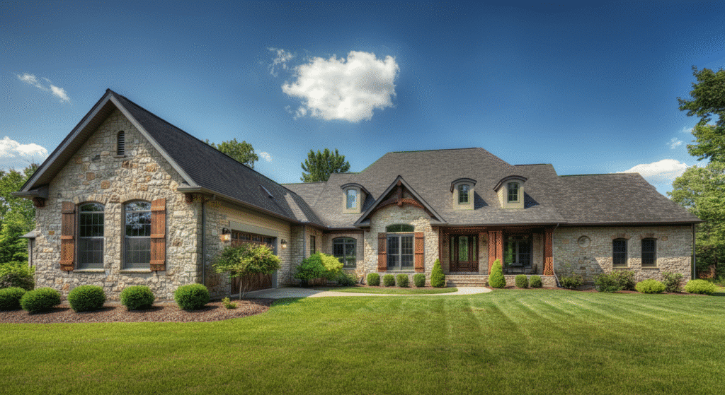 The image showcases a stunning stone ranch home featuring a spacious great room with a vaulted ceiling and large windows that invite natural light. The exterior elevations highlight the home's durable stone facade, while the inviting entrance leads to a well-designed interior layout perfect for entertaining guests.