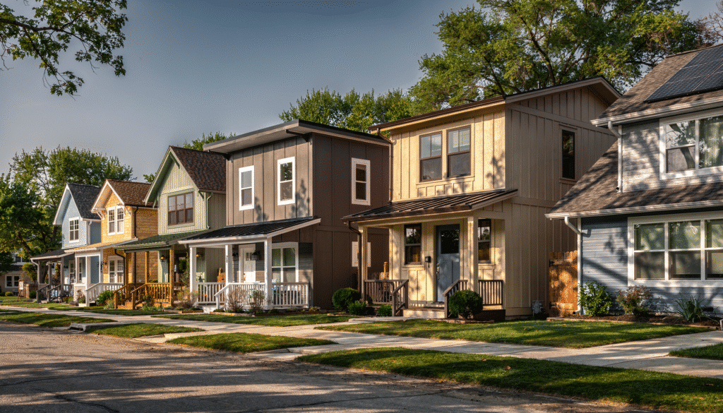 The image showcases a variety of stylish kit homes designed by leading prefab home companies, highlighting energy-efficient features and customizable plans. Each home reflects a unique lifestyle, with options for spacious living areas, cozy bedrooms, and welcoming porches, illustrating the affordable and practical solutions available to homeowners looking to build their dream home.