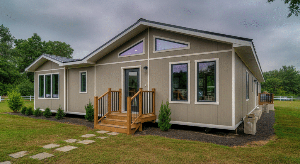 Photograph of a modern, compact single-story home with a clean design, light tan siding, dark windows, and a natural wood porch, set in a lush green yard under a cloudy sky.