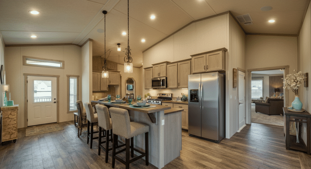 Photograph of a modern, open-concept kitchen and dining area in a home, featuring contemporary design, stainless steel appliances, and warm, inviting ambiance.