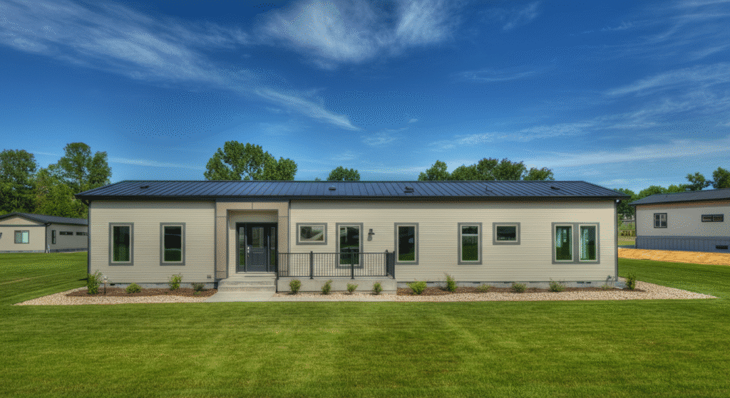 Photograph of a modern, single-story modular home with a dark roof and light siding, set on a lush green lawn under a bright blue sky, suggesting new construction and comfortable living.