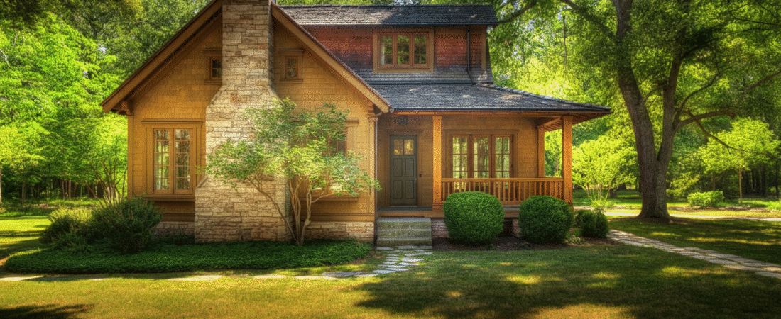 Photograph of a charming, rustic-style house with a stone chimney and wooden siding, nestled amidst lush green trees and a well-maintained lawn, evoking tranquility and home comfort.