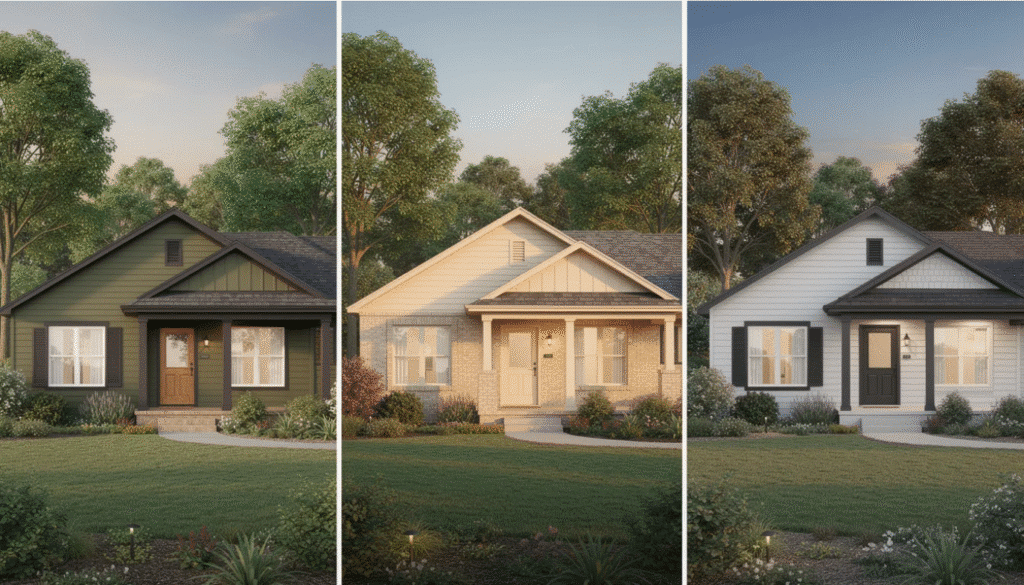 The image showcases a beautifully painted ranch style home featuring a warm beige exterior with dark trim, complemented by large windows that enhance its curb appeal. Surrounded by lush greenery, the house exudes a sophisticated look while blending harmoniously with the natural landscape.