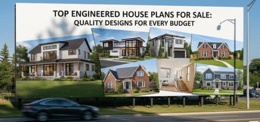 Billboard showcasing various engineered house plans for sale with the text promoting quality designs.