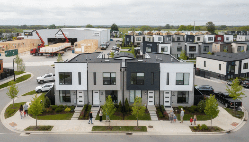 The image showcases a modern manufactured duplex home, highlighting its sleek design and energy-efficient features. Built offsite in environmentally protected building centers, this affordable housing option offers flexible floor plans to accommodate families and enhance housing density in urban areas.