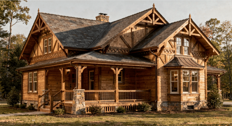 The image showcases a unique home that beautifully blends various architectural styles, featuring prominent stickwork, a cozy covered front porch, and bay windows reminiscent of Victorian homes. The exterior details highlight natural materials like wood and stone, while the complex roofs with multiple gables add to its character, making it a perfect representation of stick style house plans.