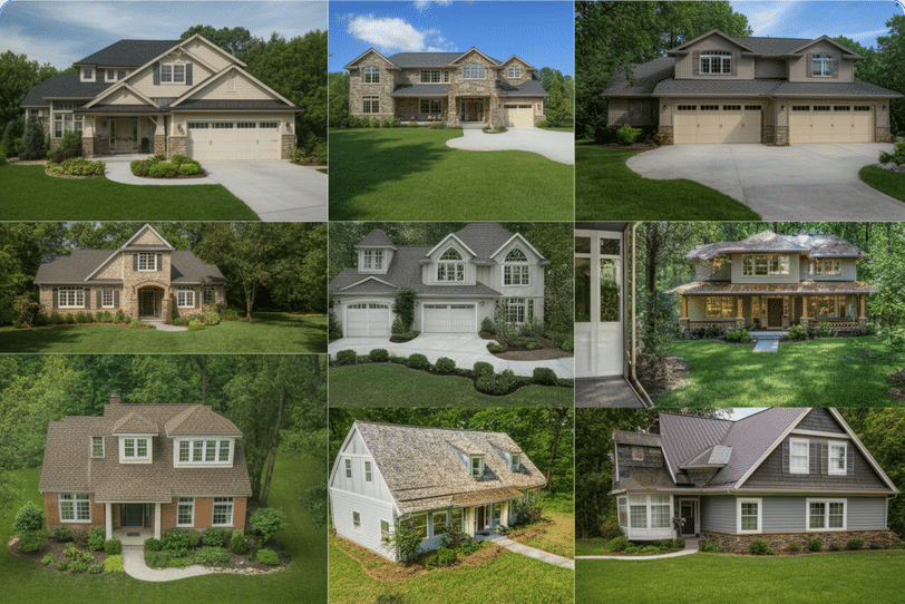Various Ranch Homes - Ranch Style Homes USA Photograph showcasing a diverse collection of nine aspirational, well-maintained suburban homes amidst lush green landscapes under clear skies, evoking comfort and stability.