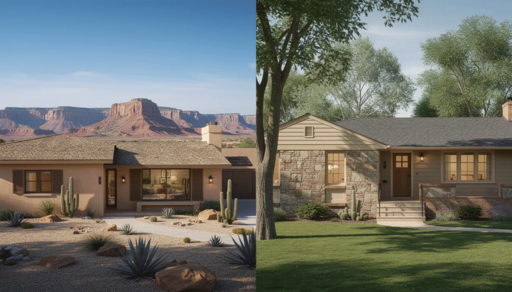 The image showcases various ranch houses across America, highlighting their regional variations. In the Southwest, you'll see stucco and adobe exteriors with shake roofs, while the Northeast features sturdy brick or stone fronts and side-gabled roofs, all designed with open floor plans and large picture windows that seamlessly blend indoor and outdoor living.