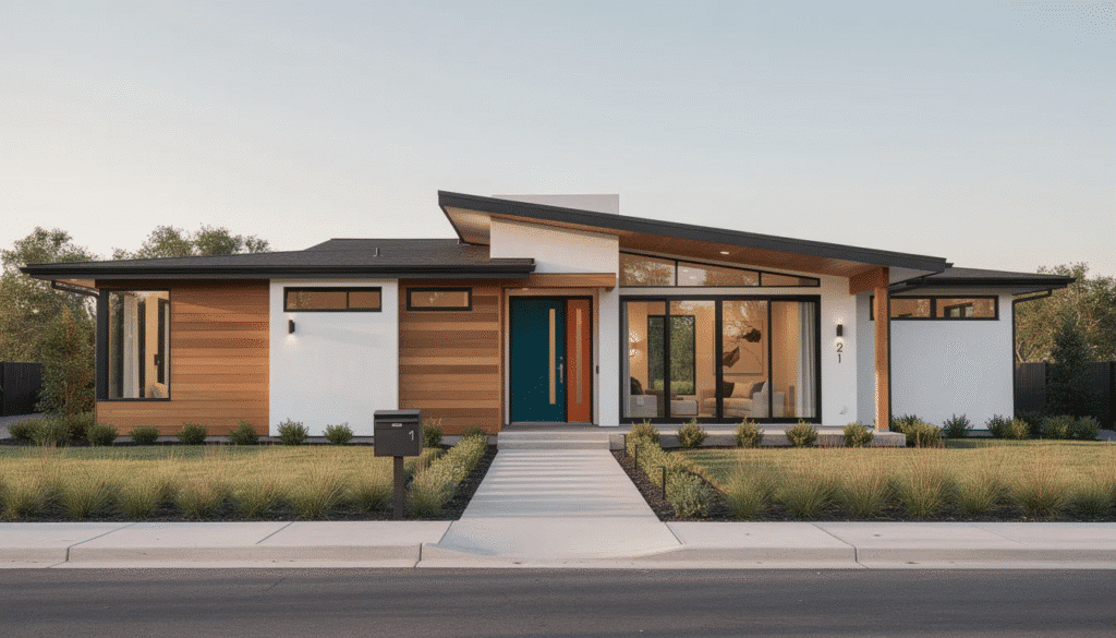 The image showcases a modern ranch home with a striking exterior featuring clean lines and a horizontal profile, enhanced by large windows that invite natural light. The beautifully landscaped yard emphasizes the seamless indoor and outdoor living spaces, creating a welcoming atmosphere that reflects the sophisticated simplicity of modern ranch designs.