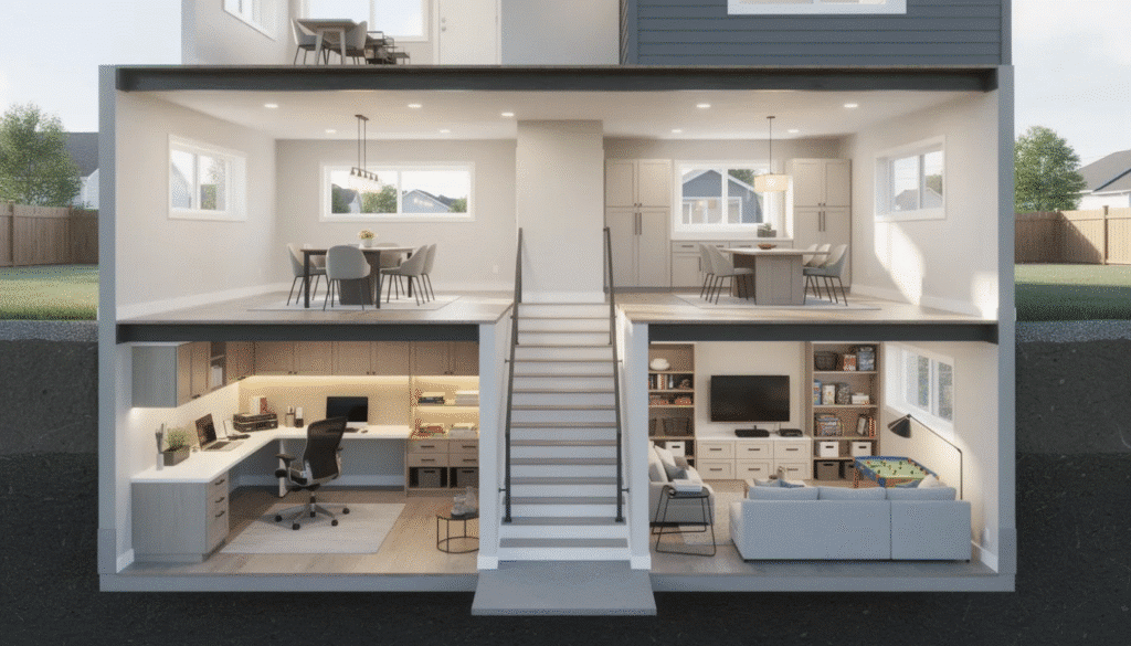 The image depicts a beautifully designed raised ranch basement that serves multiple purposes, including a home office, game room, and dining area. The space features built-in cabinets for storage, ample natural light from strategically placed windows, and a welcoming hallway that connects it seamlessly to the main floor, creating a harmonious flow throughout the home.