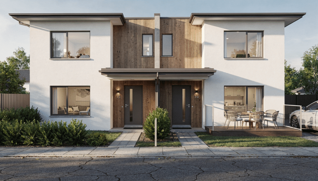 The image depicts a modern duplex house design featuring two distinct units, each with its own entrance, showcasing the layout of private outdoor spaces and functional living areas. This structure emphasizes affordability and energy efficiency, making it a good investment for homeowners or renters looking for a comfortable living space.