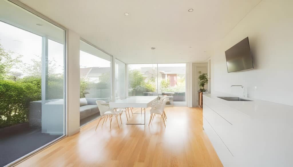 The image showcases a classic ranch style home featuring a single-story design with a low-pitched roof and large windows that allow for plenty of natural light. The house has an open floor plan and sliding glass doors leading to outdoor spaces, emphasizing the connection between the interior and the backyard, making it a popular choice among many homeowners.