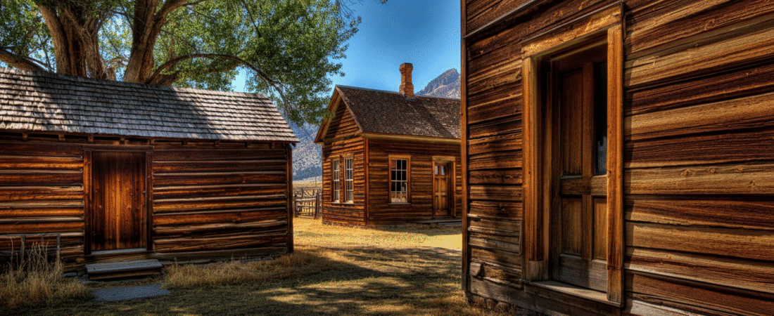 Photograph of rustic wooden cabins under a large green tree and clear blue sky, evoking a sense of history, tranquility, and natural beauty in a sunny, rural setting.