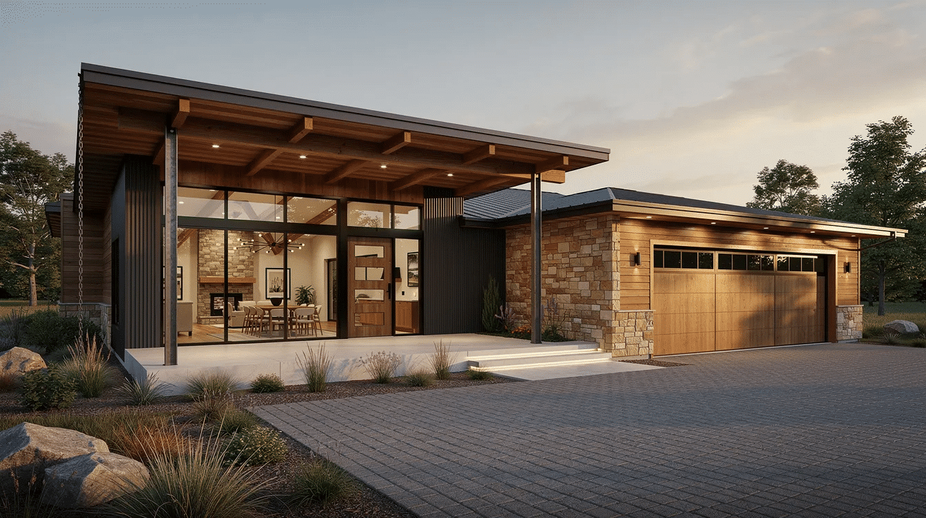 001270ba-86fa-4768-900a-a1a5b67e61fe - Ranch Style Homes USA This image showcases a modern ranch house featuring premium materials and a sleek design, characterized by large windows that invite natural light and seamless indoor-outdoor living spaces. The single-story layout emphasizes simplicity and functionality, with outdoor areas perfect for entertaining and enjoying the natural surroundings.