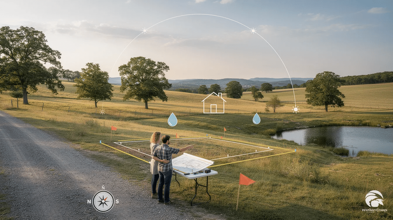 01e664d0-ced1-4cc1-a8b7-7e8e0b9bdb60 - Ranch Style Homes USA The image depicts a serene landscape showcasing various plots of land ideal for building a homestead house, featuring diverse terrains that families can explore to find the perfect location. The scene highlights the importance of choosing the right property, with ample space for house plans that accommodate bedrooms, bathrooms, and a car garage for added convenience.