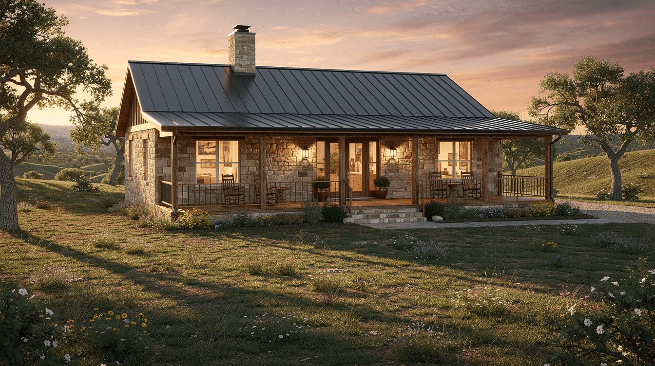 The image depicts a rustic stone and timber home with a standing seam metal roof and a welcoming wraparound porch, set against the backdrop of Texas Hill Country at sunset. The house showcases expansive windows and is designed to reflect the beauty of the area, utilizing locally sourced materials that capture the essence of South Texas building traditions.
