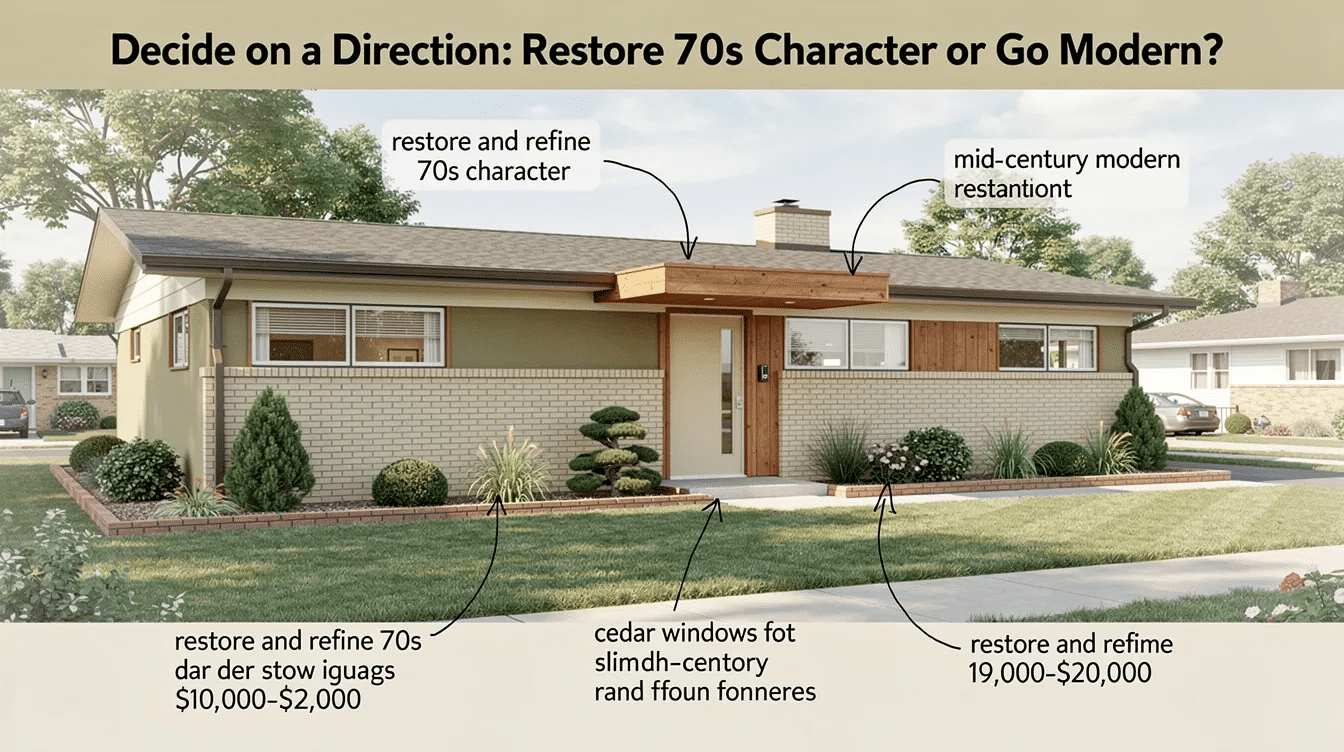 052056fc-bb12-4f70-88e7-a885a8c5d42e - Ranch Style Homes USA The image depicts a 1970s ranch house in Ohio, showcasing a blend of original architectural features and thoughtful updates. The home features unpainted brick, warm earth-tone paint colors, and cedar accent pieces at the entry, emphasizing clean lines and mid-century modern restraint while enhancing curb appeal with period-appropriate landscaping.