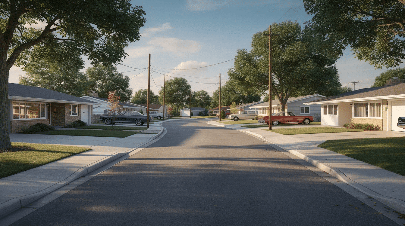 The image depicts a suburban street lined with mid-century ranch style homes, showcasing their defining features such as low pitched roofs, large windows, and attached garages. These single story houses, typical of the 1960s, are designed with open concept layouts and have inviting front porches, creating a charming neighborhood atmosphere.