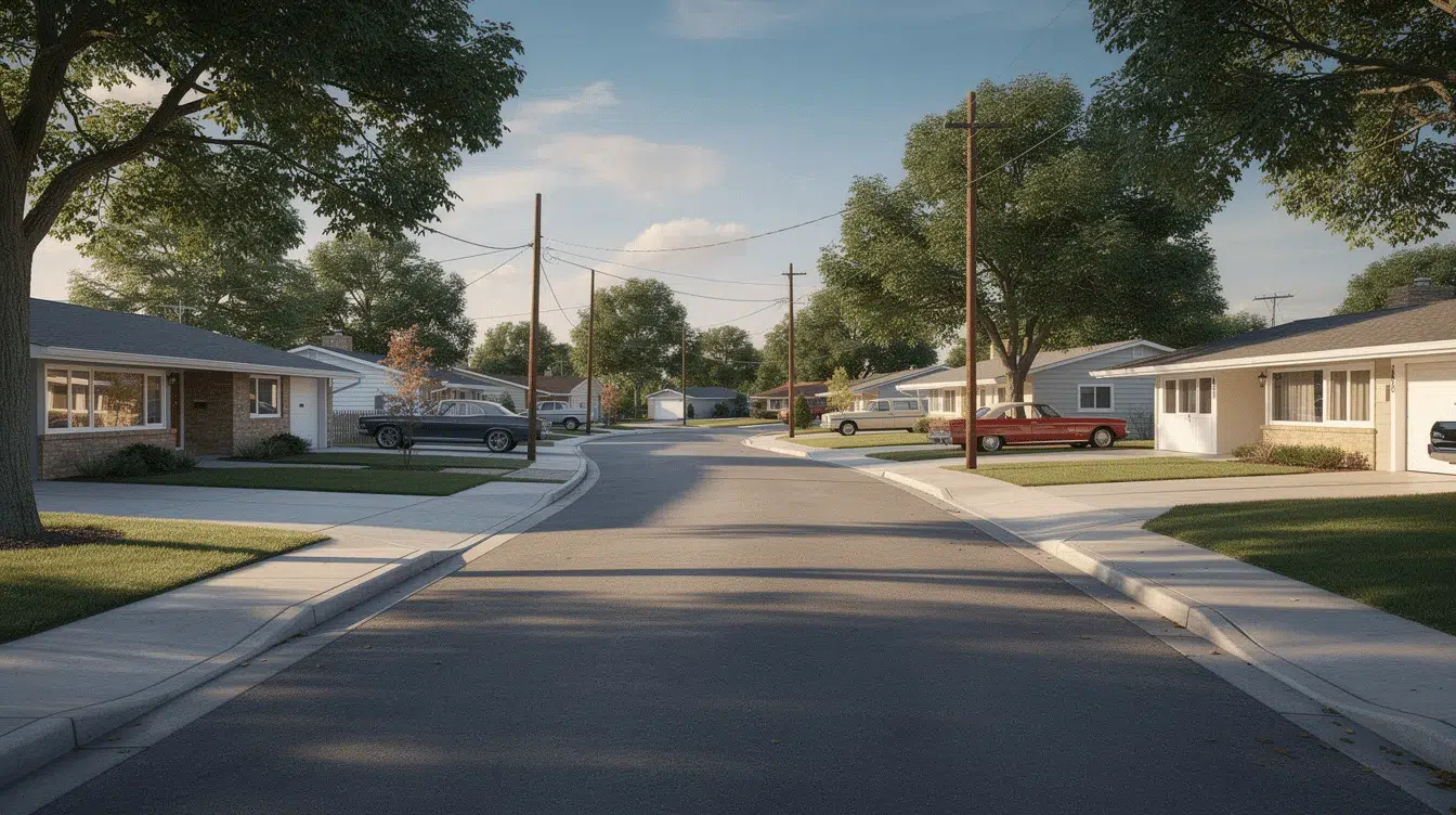 08ba3949-7922-44ec-b36b-63ed50e52592 - Ranch Style Homes USA The image depicts a suburban street lined with mid-century ranch style homes, showcasing their defining features such as low pitched roofs, large windows, and attached garages. These single story houses, typical of the 1960s, are designed with open concept layouts and have inviting front porches, creating a charming neighborhood atmosphere.