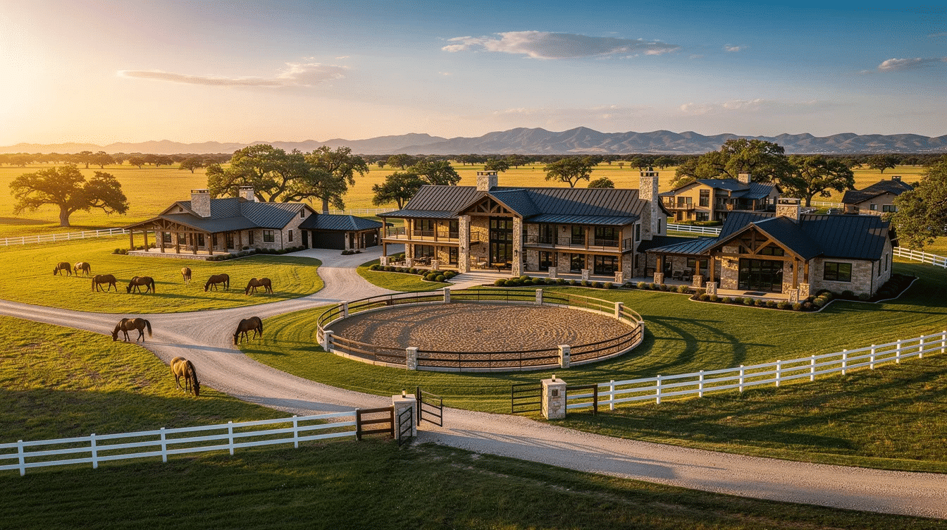 08d456eb-f507-4940-acaa-a34ec4253bbe - Ranch Style Homes USA The image showcases a stunning luxury ranch estate set in the picturesque Texas Hill Country, featuring rolling hills and expansive views. This prime ranch property offers ample space for recreational activities and livestock, making it an ideal investment for those seeking a slice of the great state of Texas.