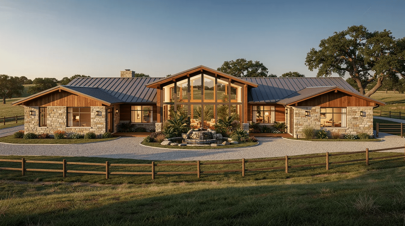 09e0d5b7-af4b-4d8a-9aad-bf6add55a984 - Ranch Style Homes USA The image showcases a beautifully designed Atrium Ranch home, featuring a grand entry porch that leads into a light-filled great room with large windows. The open floor plan seamlessly connects the gourmet kitchen, breakfast nook, and family room, creating a warm and inviting atmosphere.